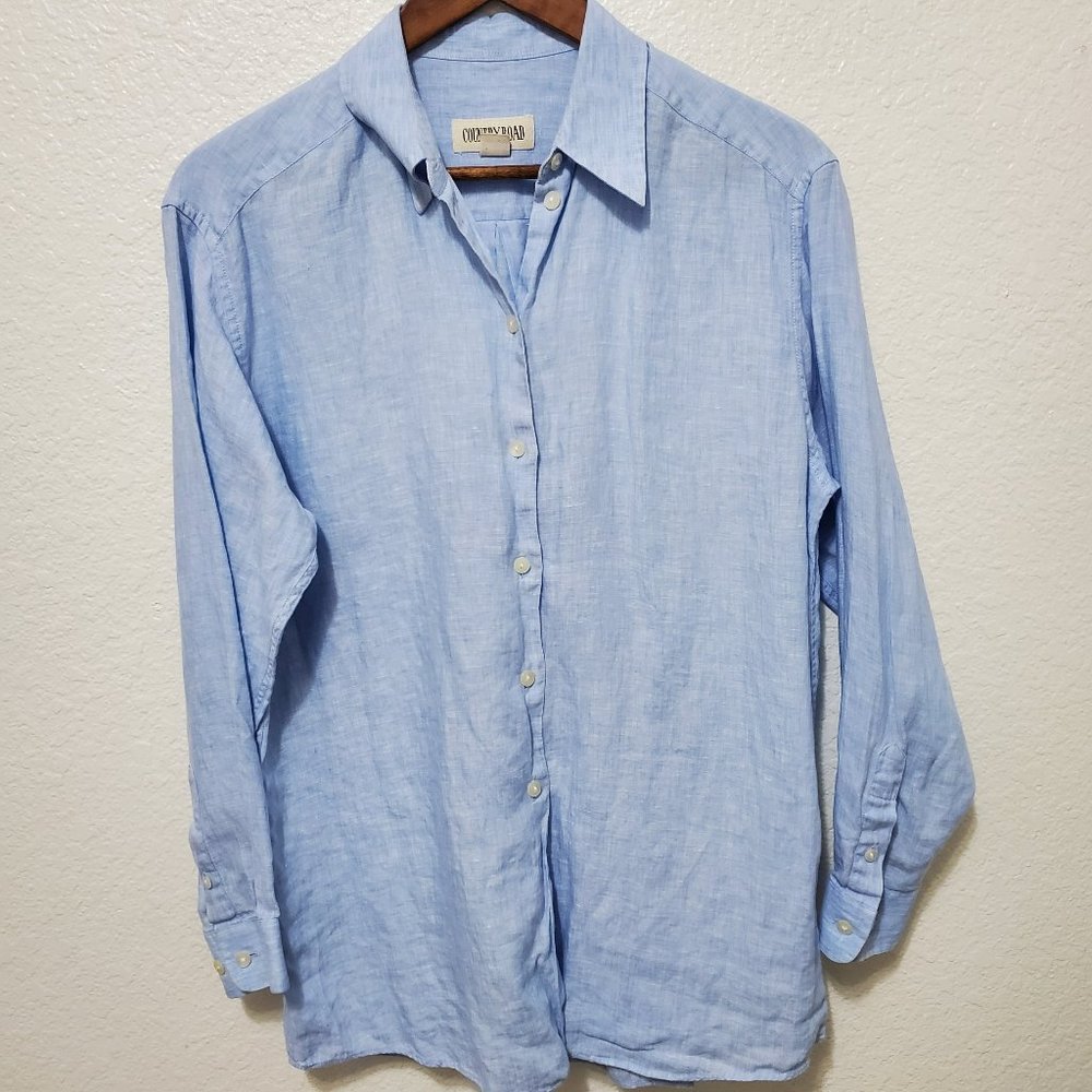 Country Road Linen Button Down blue long sleeve shirt
